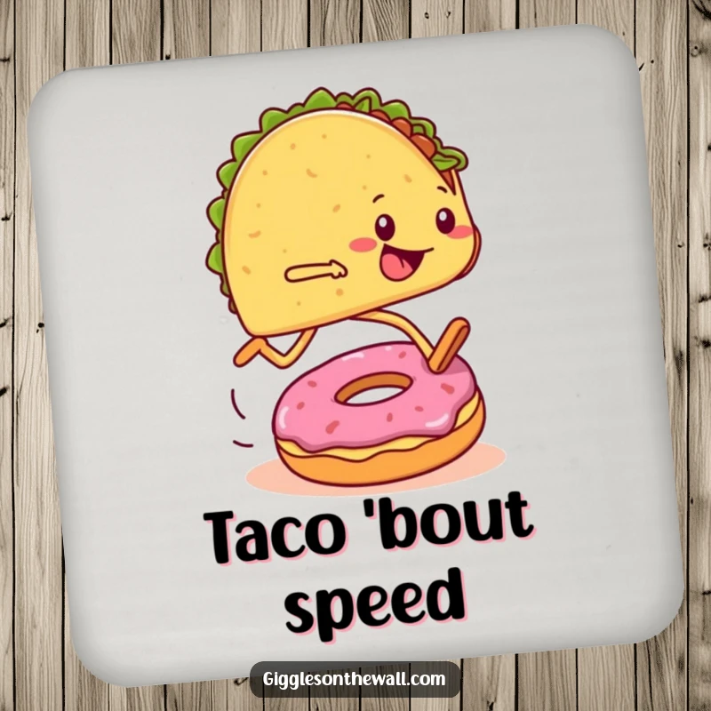 Funny drink coaster featuring a taco runner tripping over a donut during a marathon, adding humor to surfaces.