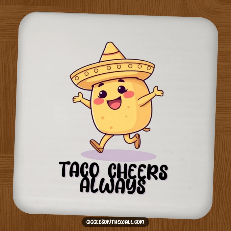 Funny drink coaster with a happy taco in a sombrero, moonwalking, protecting surfaces with vibrant fiesta style.