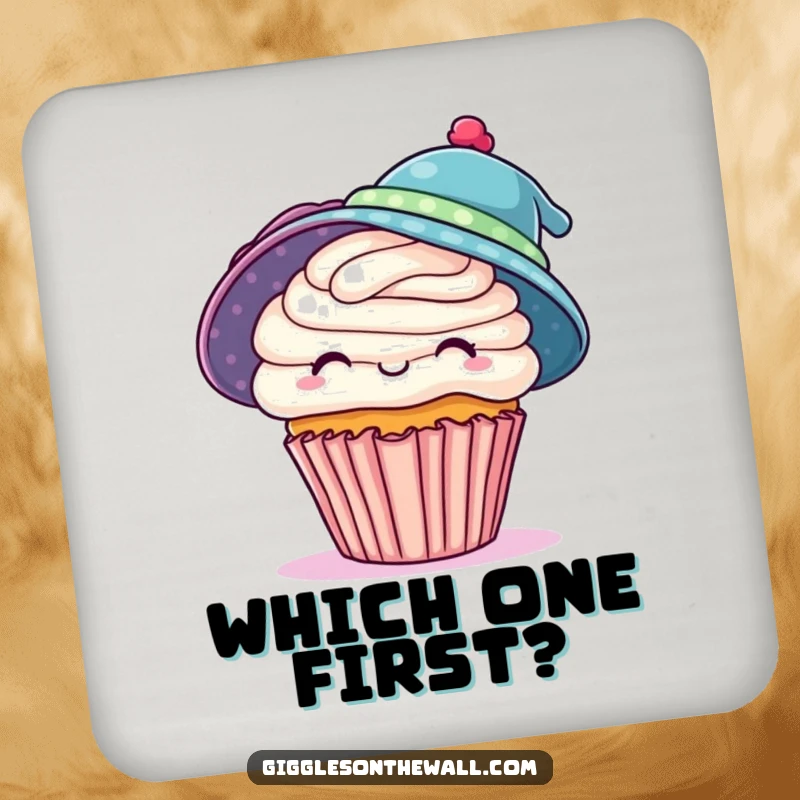 Funny drink coaster featuring a playful cupcake humorously wearing two hats, protecting surfaces with whimsical charm, a charming funny gift.