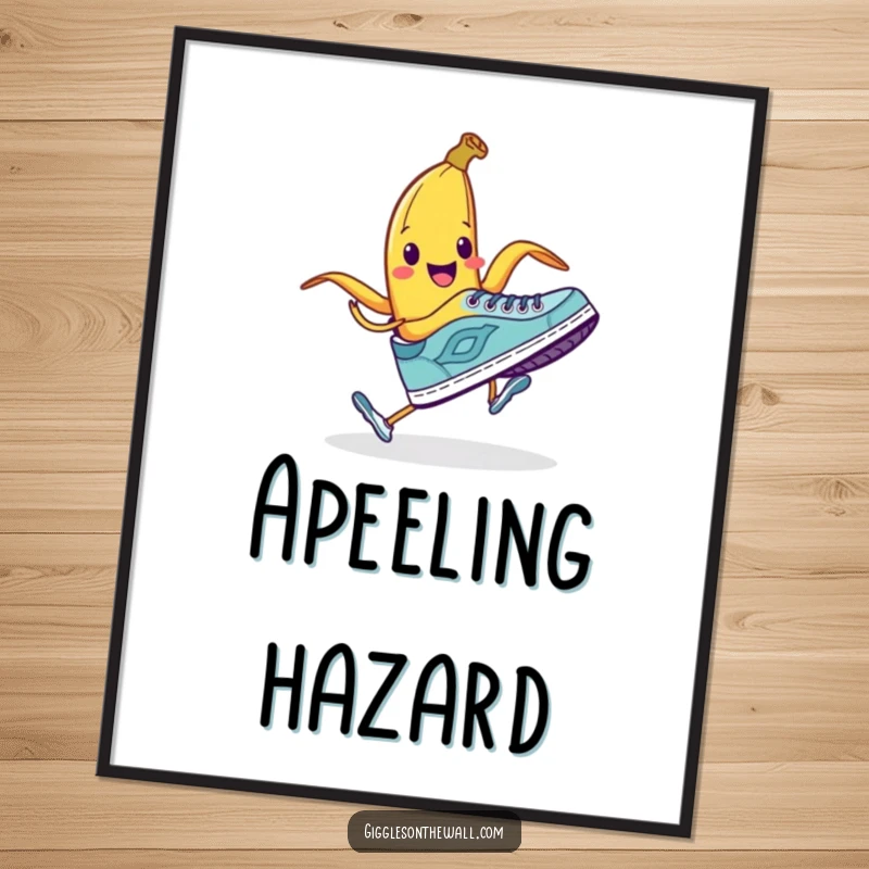 Funny poster print of a smiling banana peel attempting to trip a running shoe, bringing classic comedic humor.