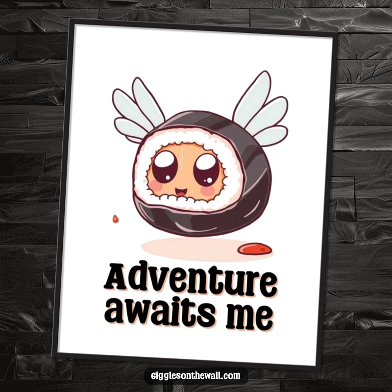 Funny Sushi Flying Poster: Artwork of a sushi piece with googly eyes hilariously trying to fly using soy sauce packets, adding quirky humor to walls.