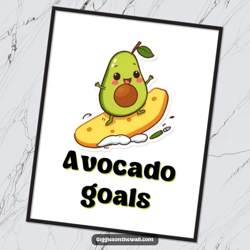Funny avocado character hilariously surfs a giant chip on this vibrant poster, bringing a splash of comical action and energetic art.