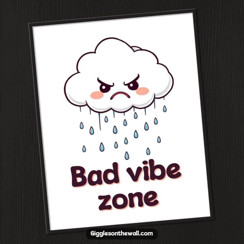 Funny grumpy cloud poster, showing a dark cloud raining small, grumpy raindrops, adding a moody vibe to decor.