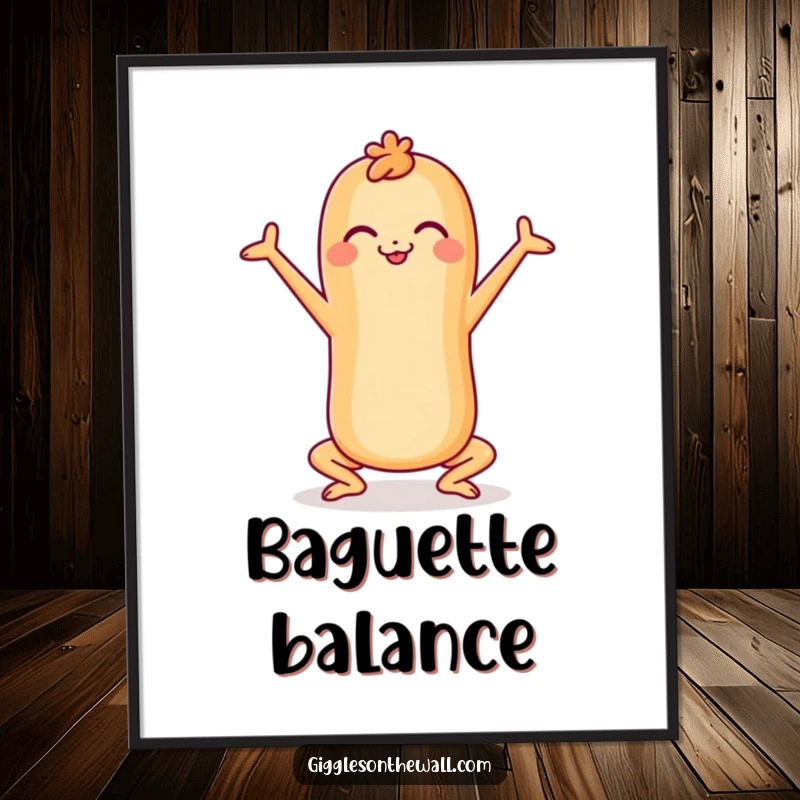 Funny cheerful baguette doing a yoga pose on a poster, inspiring wellness art with humor, great funny gift.
