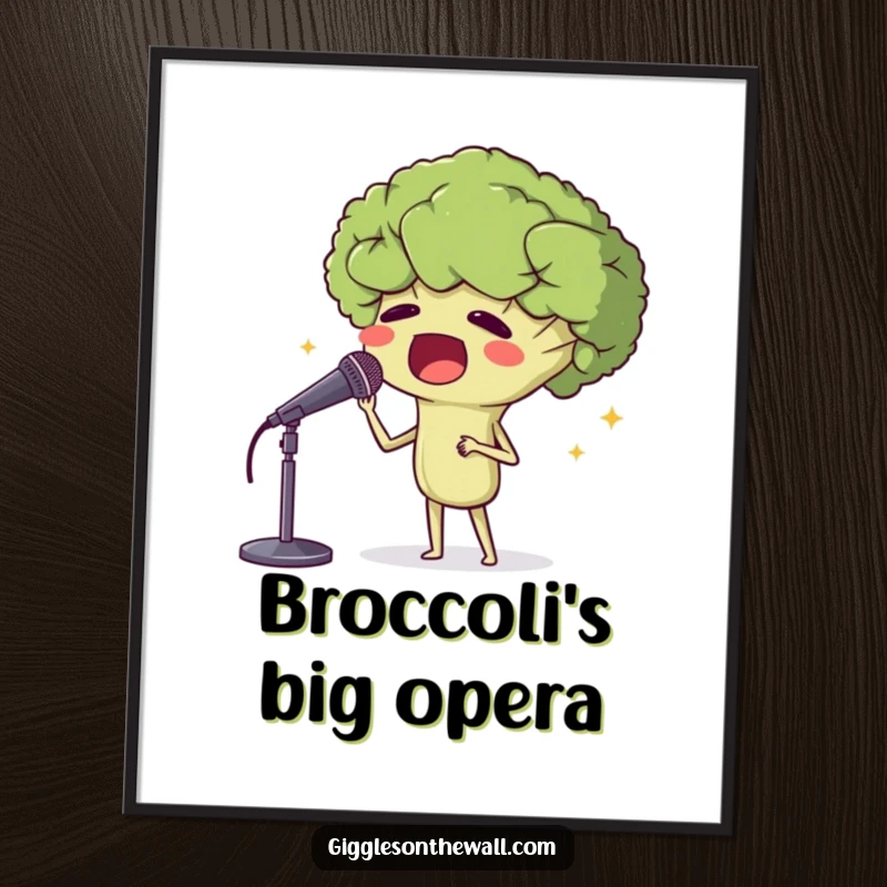 Funny poster of a proud broccoli head singing opera into a microphone, bringing a grand and humorous performance to the wall.