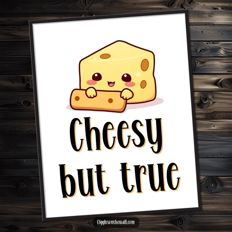 Funny poster featuring a smiling cheese character attempting to hide behind a cracker, a whimsical and humorous piece of wall art.