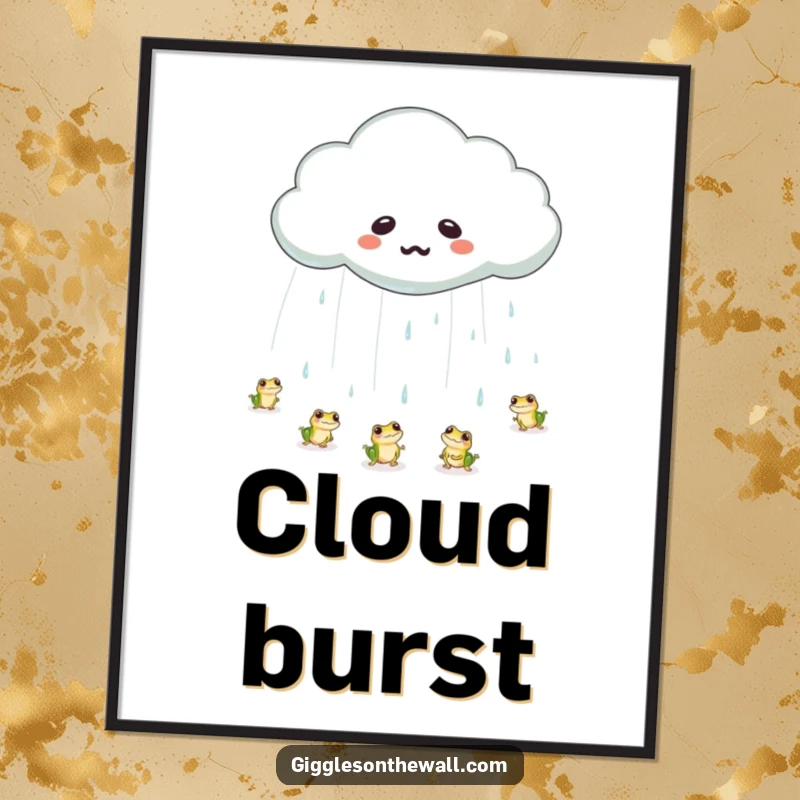 Funny frog rain cloud poster depicting an emotional cloud crying a large tear, raining tiny bouncing frogs, adding whimsical humor to decor.