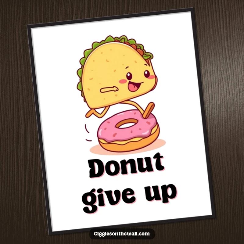 Funny poster print of a taco with legs tripping over a donut during a marathon, bringing comedic visual humor.