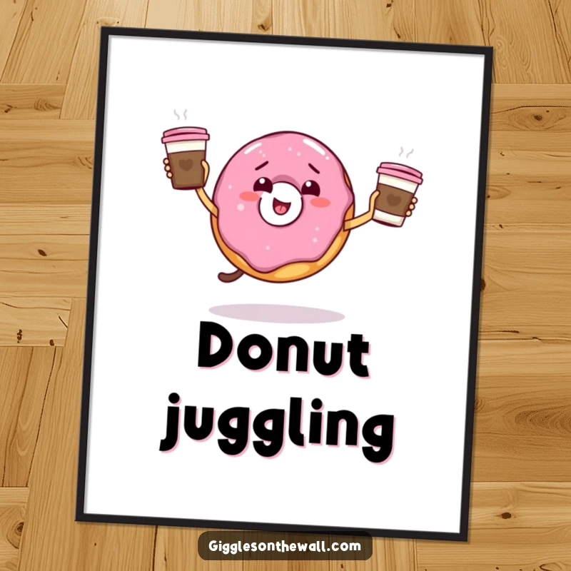 Funny giddy donut juggling coffee cups on a poster, vibrant and humorous art, great funny gift.