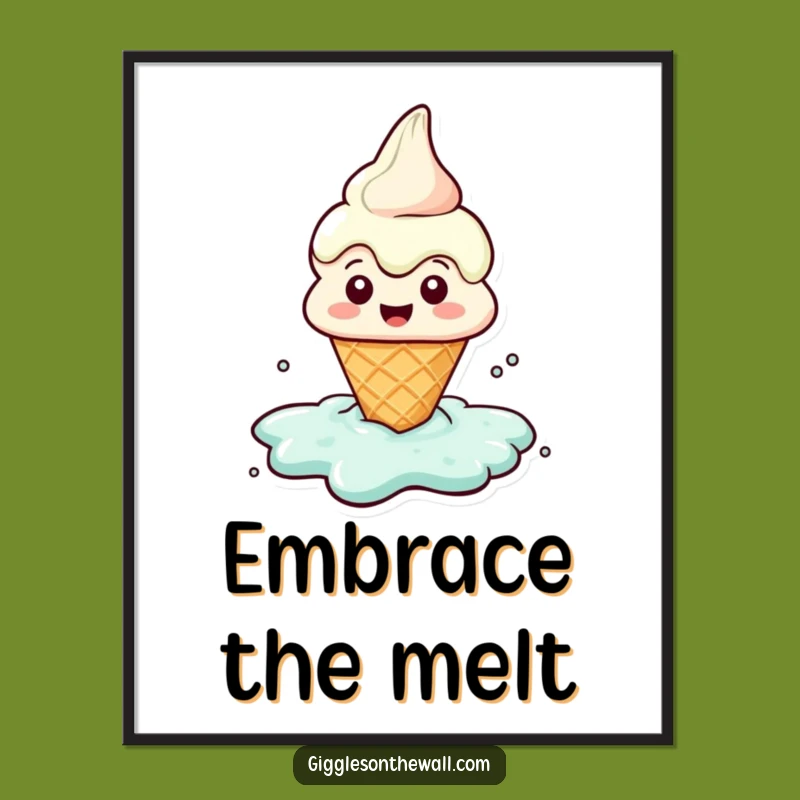 Funny Melting Ice Cream Poster: Happy Puddle Character Wall Art Gift
