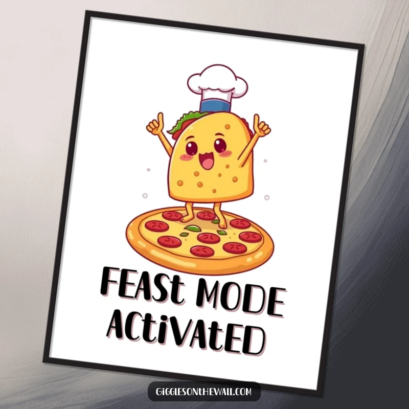 Funny Taco Chef Victory Poster: Artwork of a taco in a chef hat dancing triumphantly on a pizza, bringing humorous, festive energy to walls.