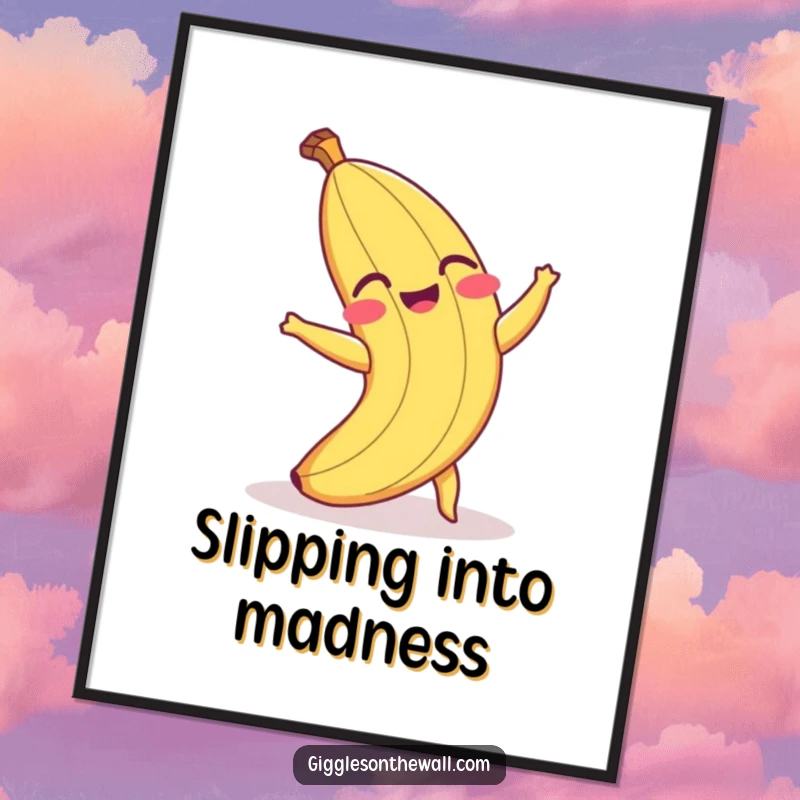 Funny poster print of a laughing banana peel hilariously tripping, adding a comedic touch to any room's decor.