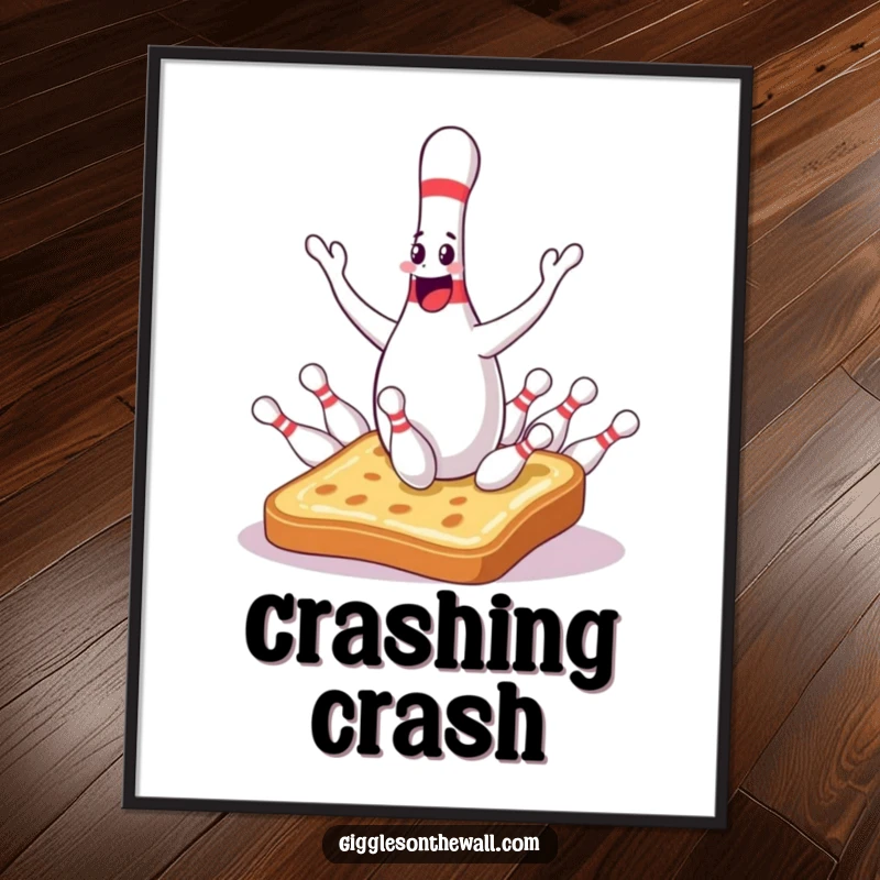 Funny bowling pin poster showing a sentient juggler hilariously dropping pins onto surprised toast, adding comedic chaos to decor.