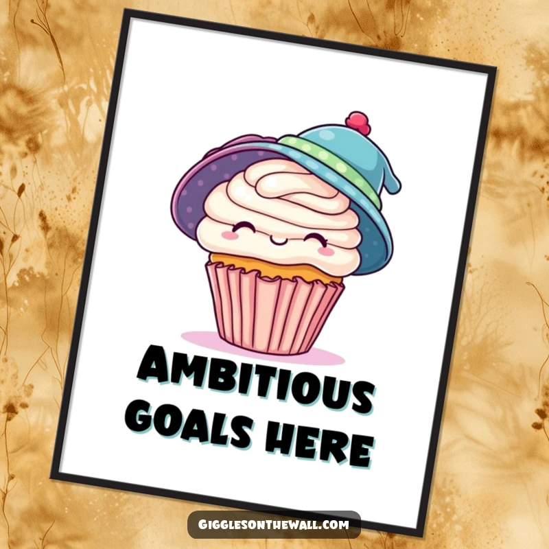 Funny poster art of a playful cupcake humorously wearing two hats at once, adding whimsical charm to any space, a superb funny gift.