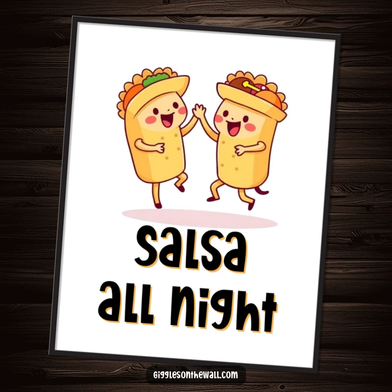 Funny dancing tacos poster, a vibrant image of tacos performing a synchronized salsa dance, bringing fiesta energy.