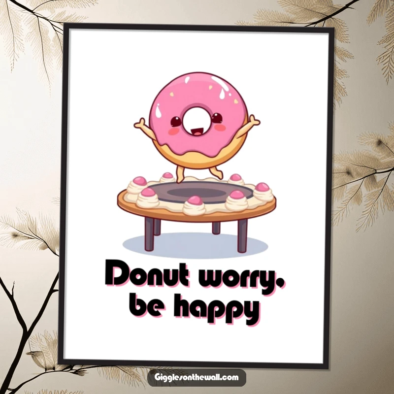 Funny donut character leaping on a frosting trampoline on this vibrant poster, bringing a dose of playful, sugary art to any room.