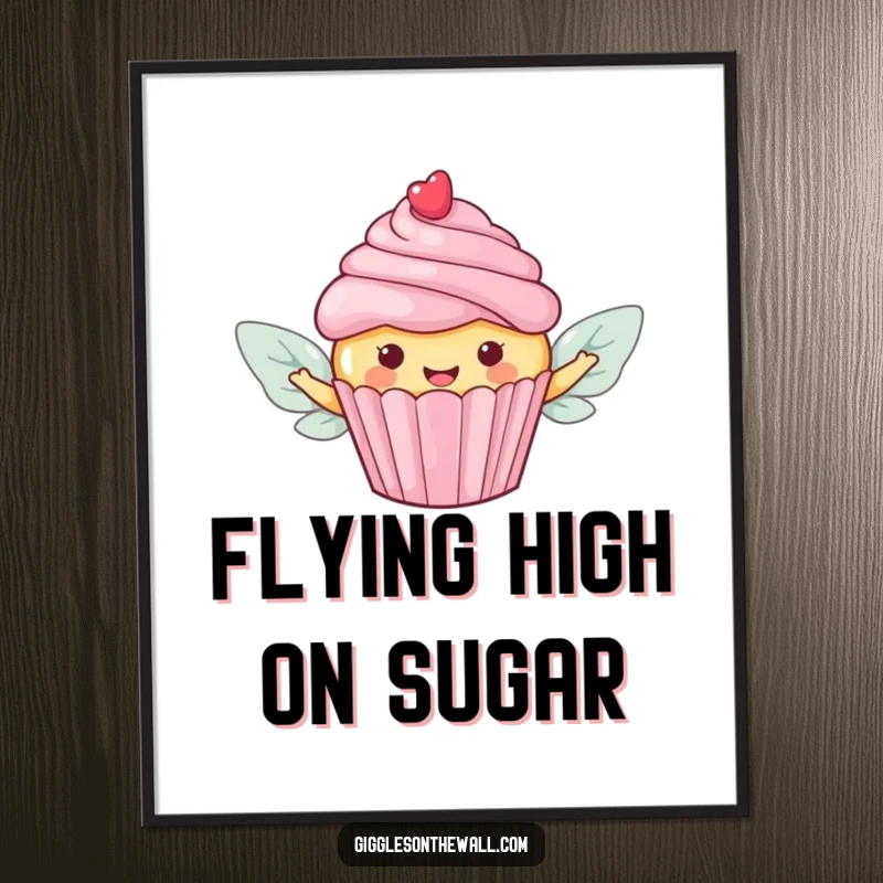 Funny poster showcasing a happy cupcake with vibrant candy wings, attempting to take flight with a carefree spirit.