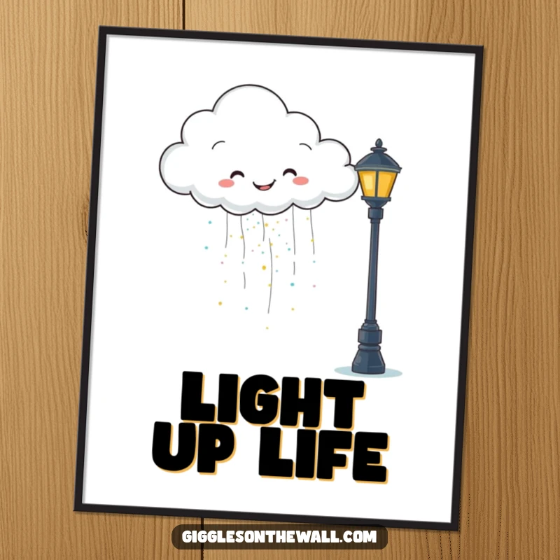 Funny poster print of a happy cloud raining glitter onto a grumpy lamppost, bringing whimsical comedic humor.