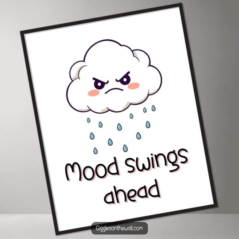 Funny poster art of a grumpy cloud character raining tiny, joyful raindrops, creating a visually humorous statement.