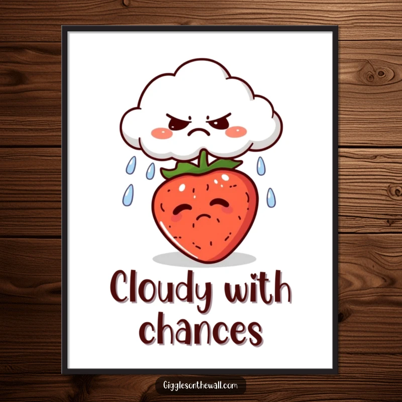 Funny poster depicting a grumpy cloud spitting rain onto a sunbathing strawberry, creating a humorous weather-themed scene.