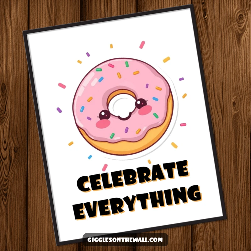 Funny poster featuring a gleeful donut showering with confetti, a vibrant piece of art that spreads happiness, perfect as a funny gift.