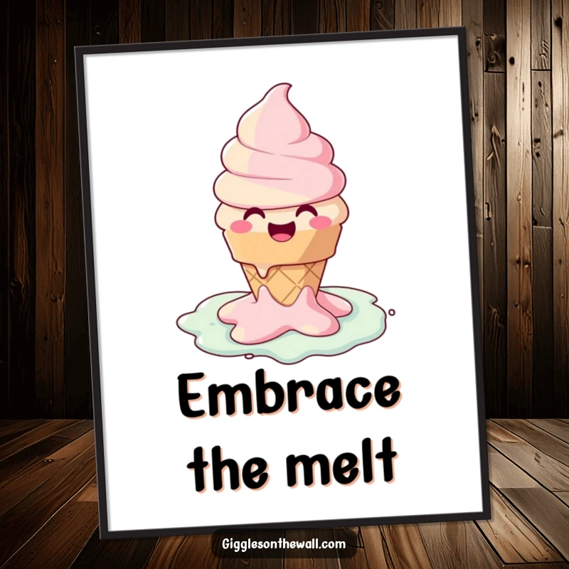 Funny poster featuring a happy ice cream cone character melting into a puddle of pure joy, adding a humorous touch to decor.