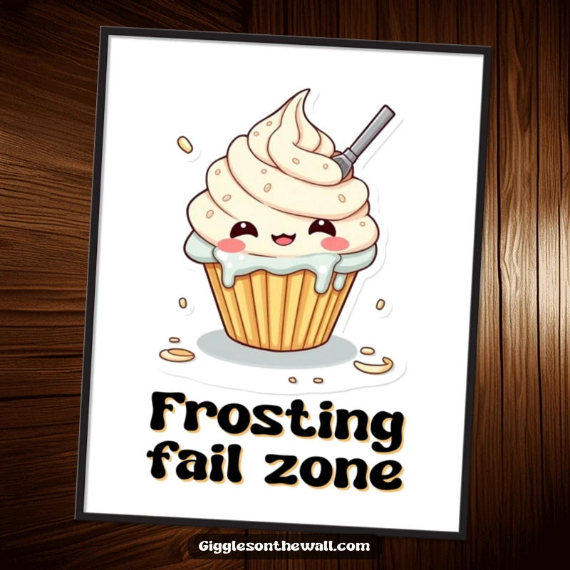 Funny poster art of a cupcake character comically frosting itself, creating a delightful and sugary mess.