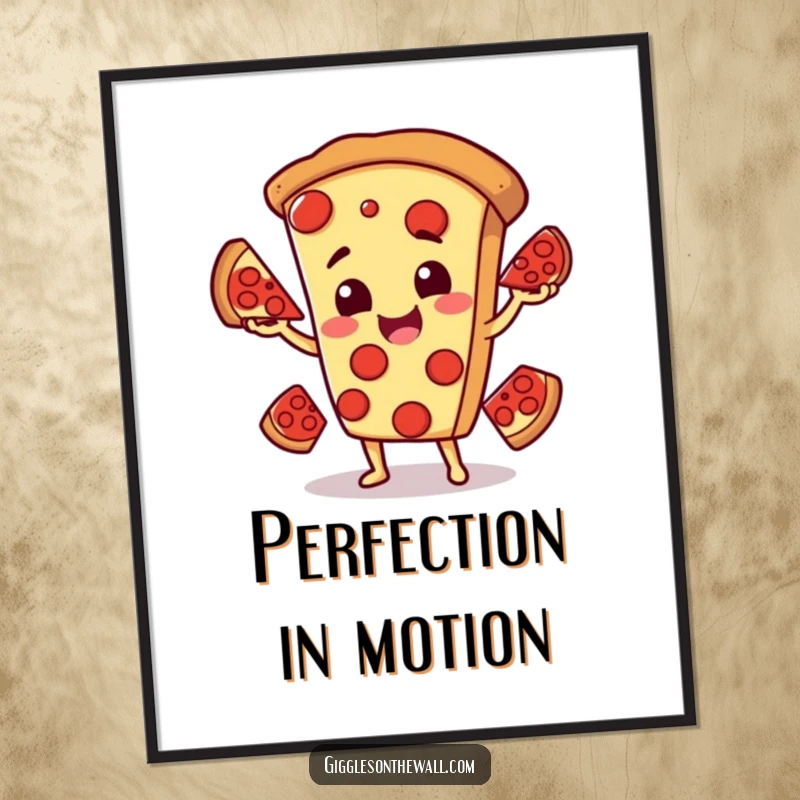 Funny poster art of a smiling pizza character comically juggling pepperoni slices, perfect for adding a humorous touch to decor.