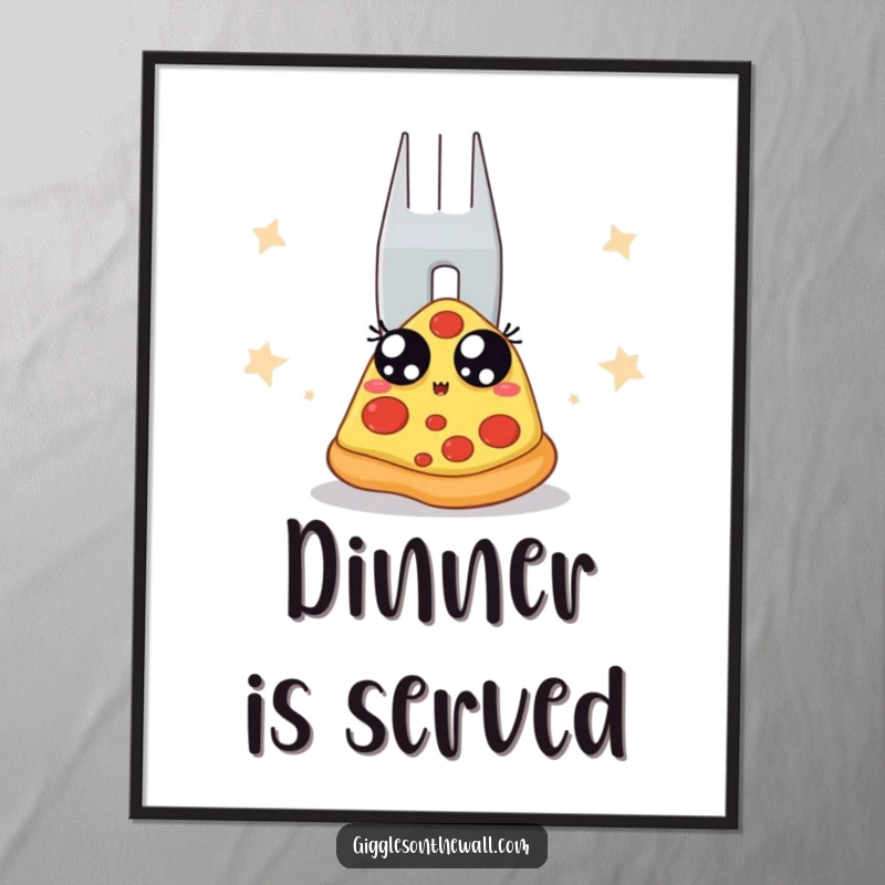 Funny poster art of a pizza slice backstage, eyes wide with fear at an approaching giant fork. A dramatic and humorous food illustration.