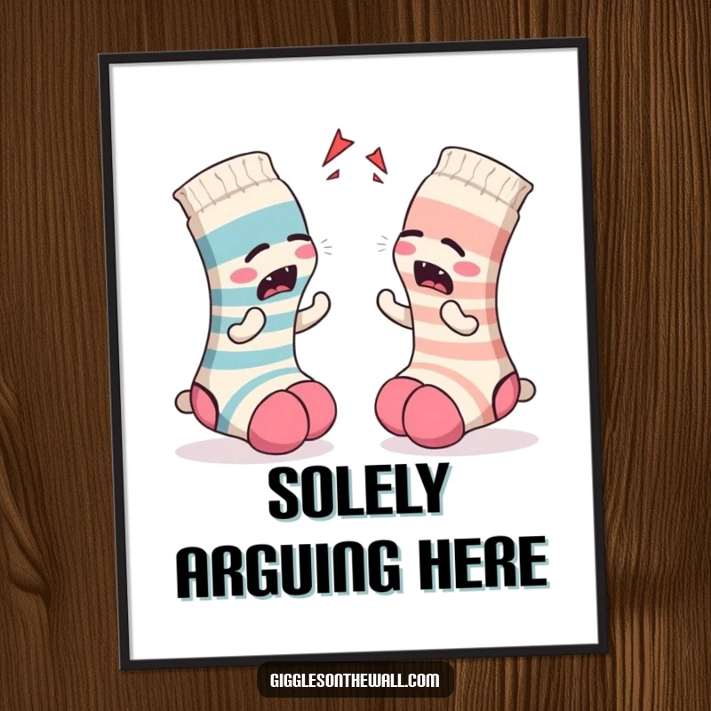 Funny Sock Poster: An artistic print of two socks mid-argument, capturing a moment of relatable and humorous conflict, suitable for decor.