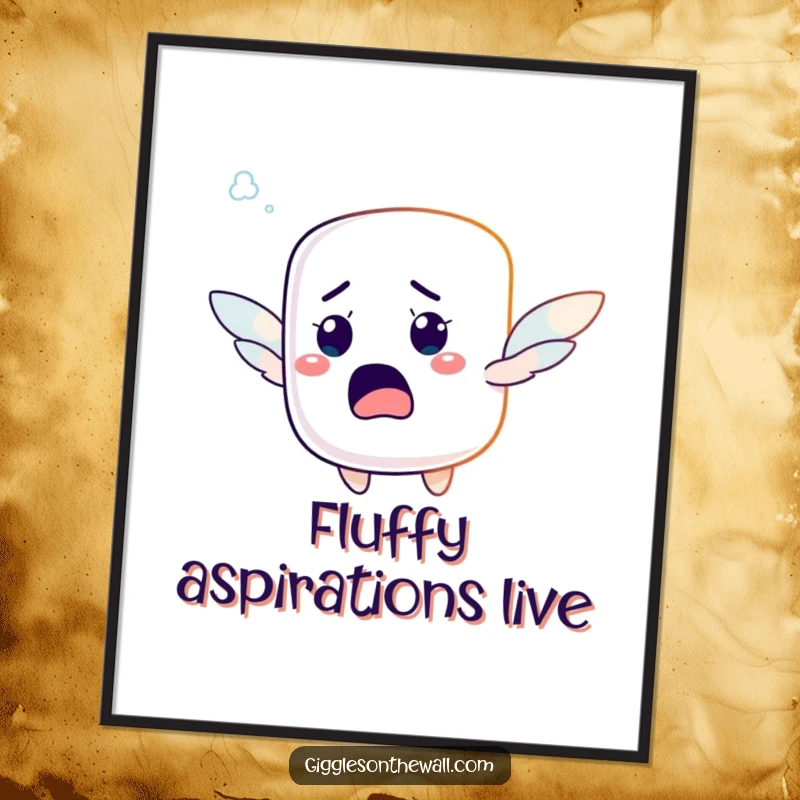 Funny poster featuring a startled marshmallow character with tiny wings, comically attempting to fly, perfect for humorous decor.