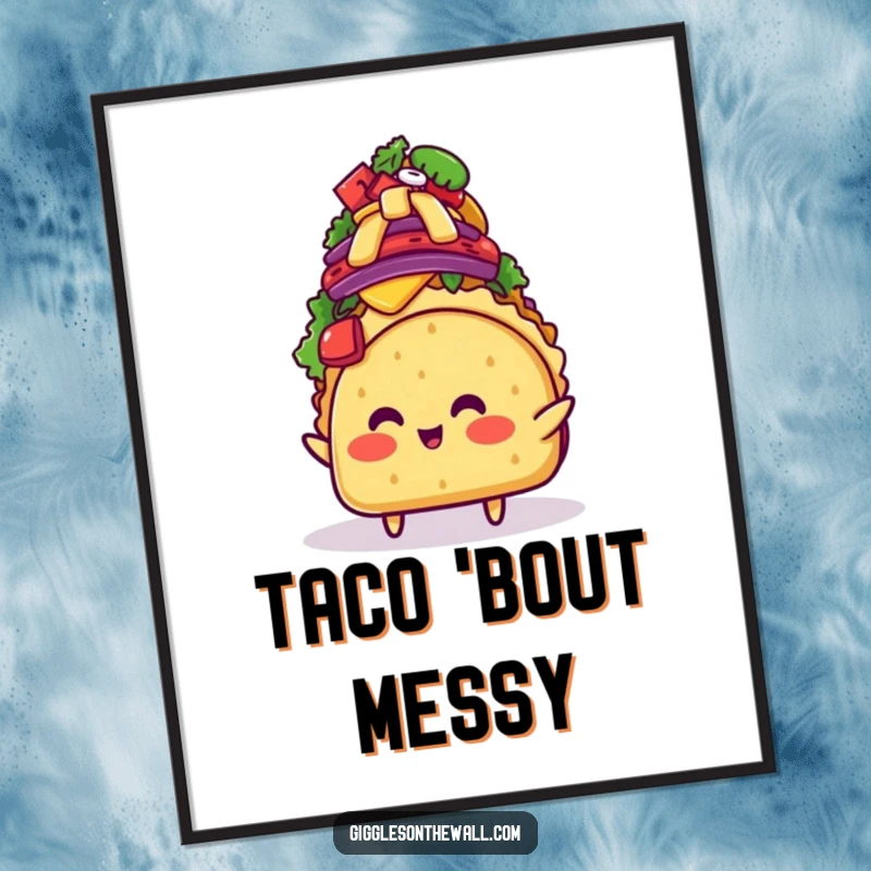 Funny blushing taco character struggling with a huge pile of toppings on a poster, capturing a moment of comical, food-related suspense.