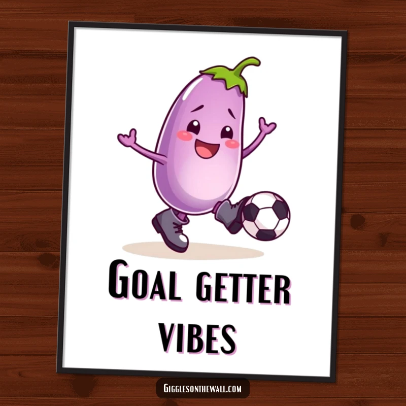 Funny poster print of a smiling eggplant wearing boots, powerfully kicking a football, adding a humorous sports vibe.