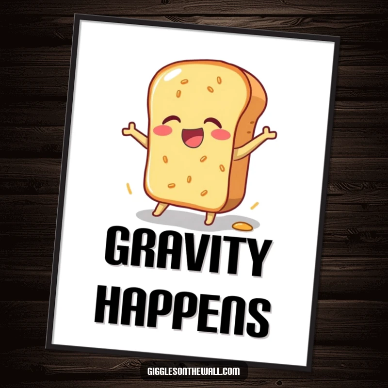 Funny poster art of a bread loaf in a clumsy, joyful pratfall, creating a humorous and lighthearted wall decoration, a superb funny gift.