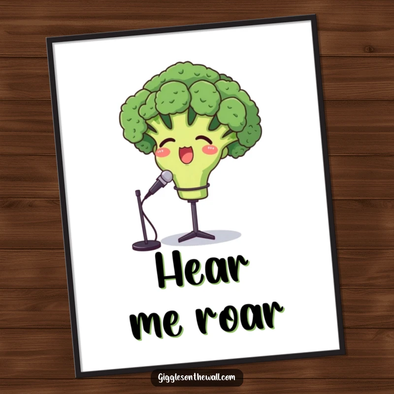 Funny opera broccoli poster, a proud broccoli character belting out a tune into a microphone stand.