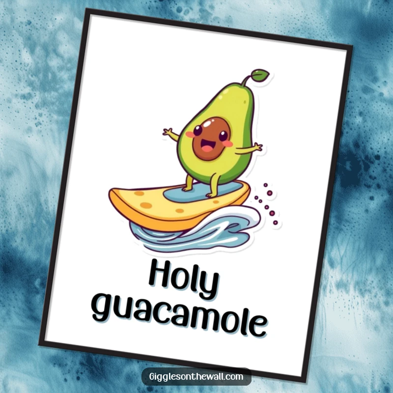 Funny poster depicting a happy avocado character surfing on a giant chip, a humorous and vibrant piece of wall art for food lovers.