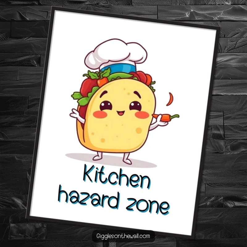 Funny taco chef poster comically juggling small chili peppers, detailed and humorous kitchen wall art.