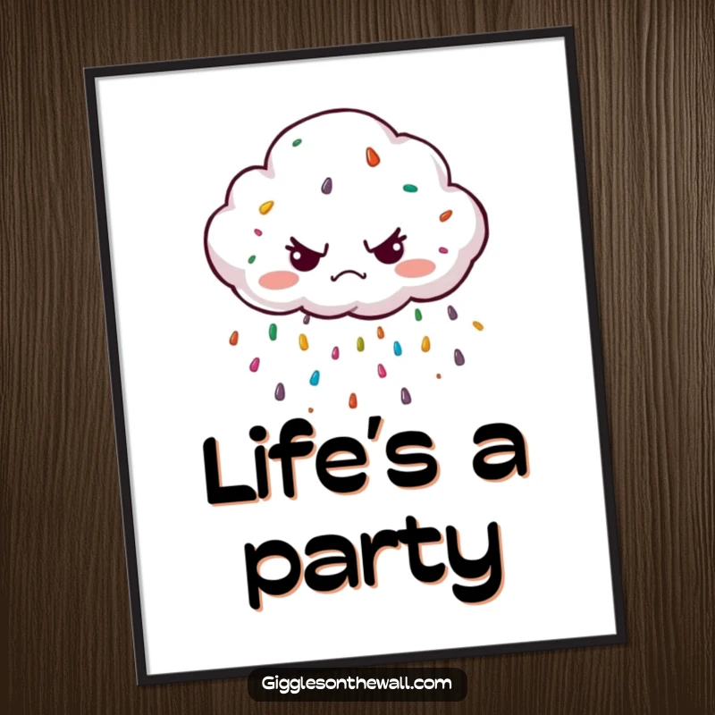 Funny grumpy cloud character unexpectedly showering colorful sprinkles on this vibrant poster, bringing a dose of whimsical art and unexpected fun.