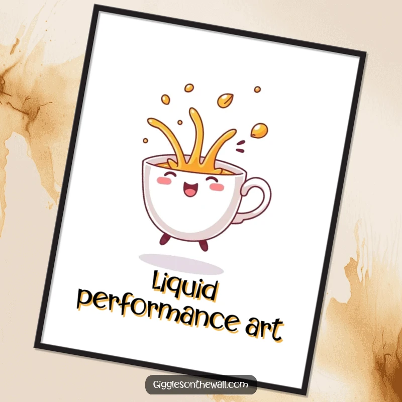 Funny Dancing Teacup Poster, artfully depicting a teacup in a comical flourish spill, adding humor to wall decor.