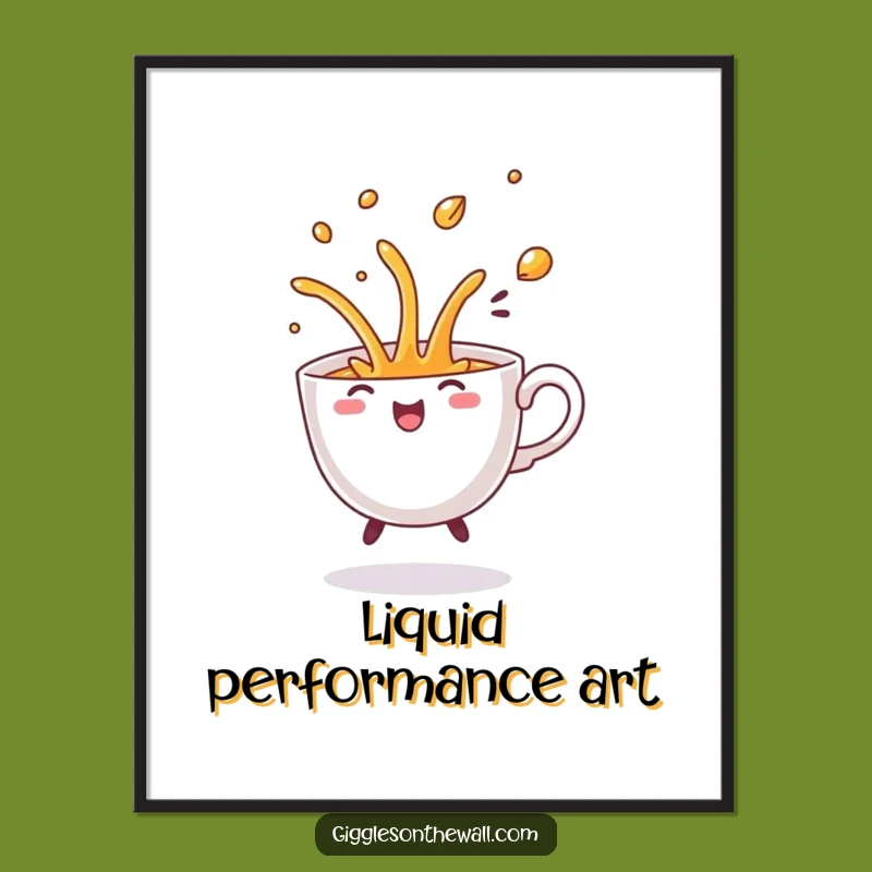 Funny Dancing Teacup Spill Poster: Comical Flourish Art, Humorous Wall Decor Gift Idea