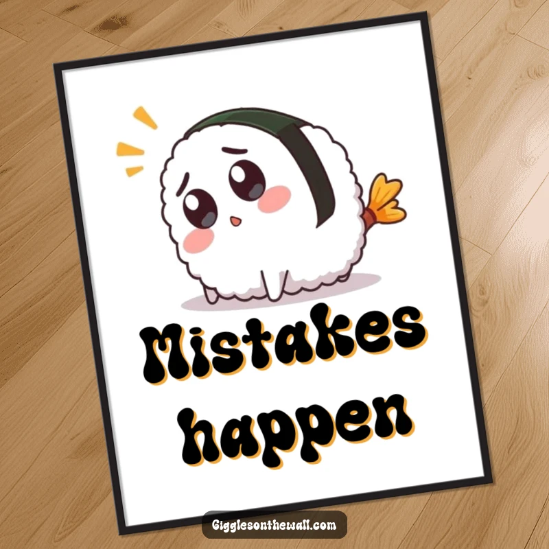Funny poster art of a surprised sushi character hilariously tripping over its own tail, capturing a moment of comical surprise.