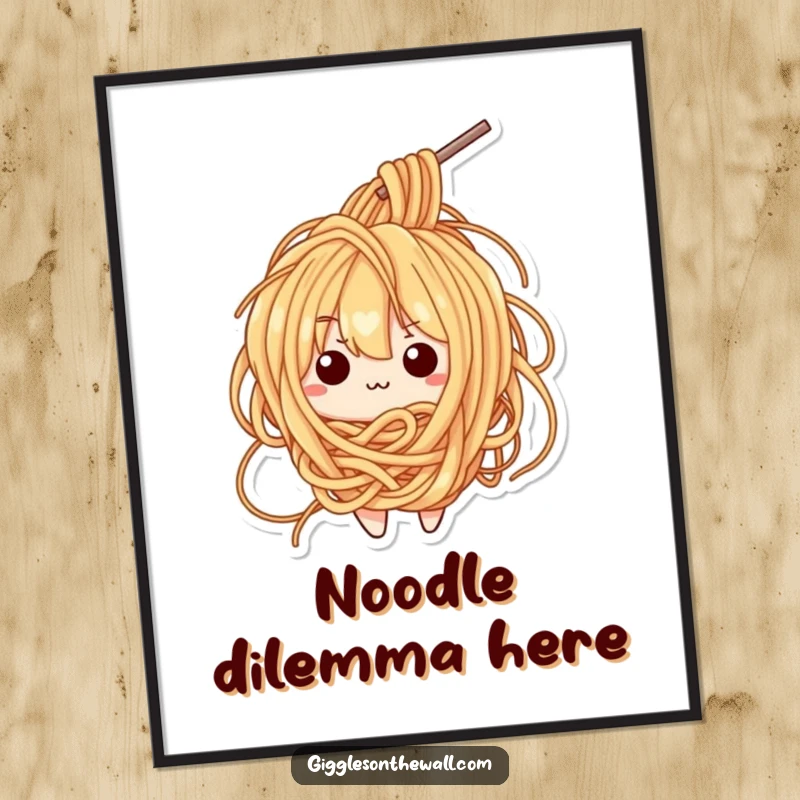 Funny poster art of a bewildered ramen noodle character tangled in its own noodles, expressing utter confusion.