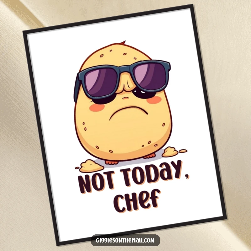 Funny Grumpy Potato Poster: Artwork of a grumpy potato in sunglasses hilariously trying to escape being mashed, adding bold, humorous veggie decor.