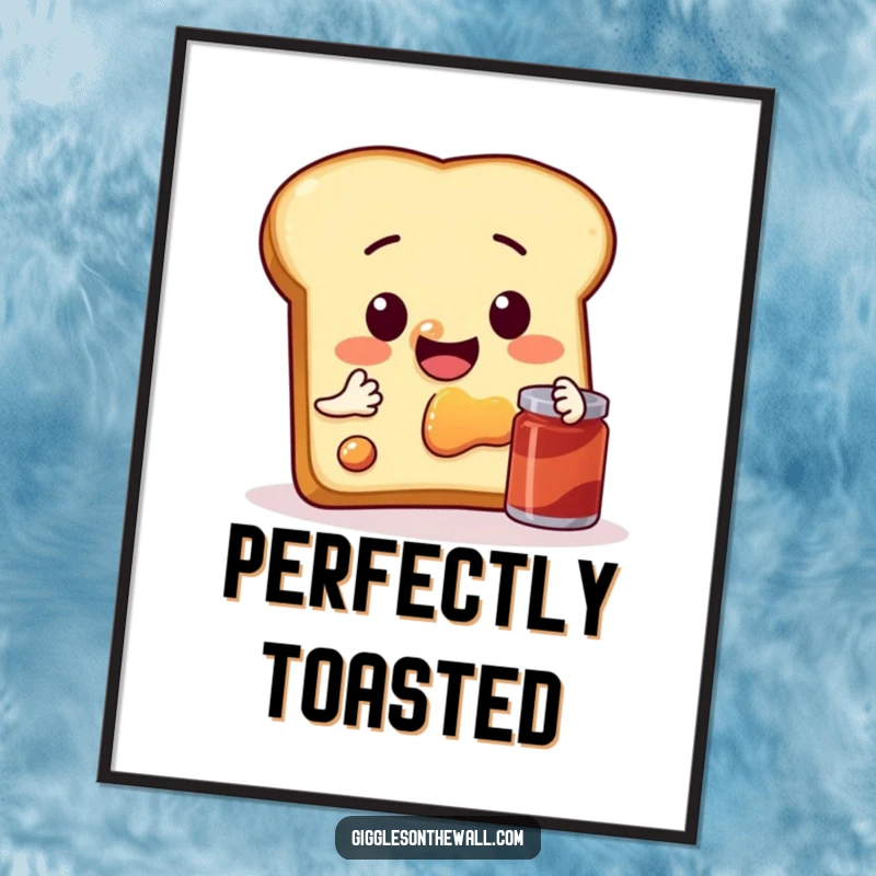 Funny poster print of a sentient slice of toast taking a selfie with jam, bringing breakfast-themed humor.