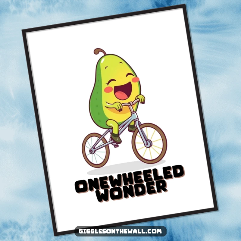 Funny poster art of a laughing avocado character wobbling on a spaghetti unicycle, creating a whimsical and humorous visual statement.
