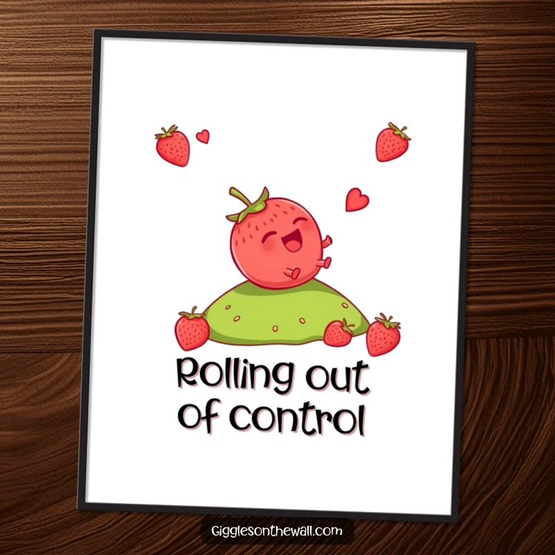 Funny Strawberry Poster: An artistic print of a giggling strawberry tumbling down a hill, capturing a moment of pure, chaotic fun.