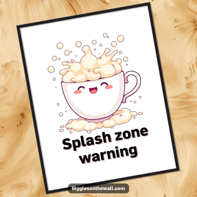 Funny teacup poster comically overflowing with bubbles, splashing with delight, whimsical and humorous wall art.
