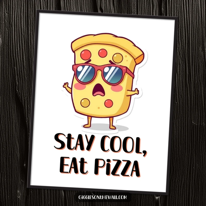 Funny poster art of a surprised slice of pizza wearing tiny sunglasses, adding a cool and humorous element.