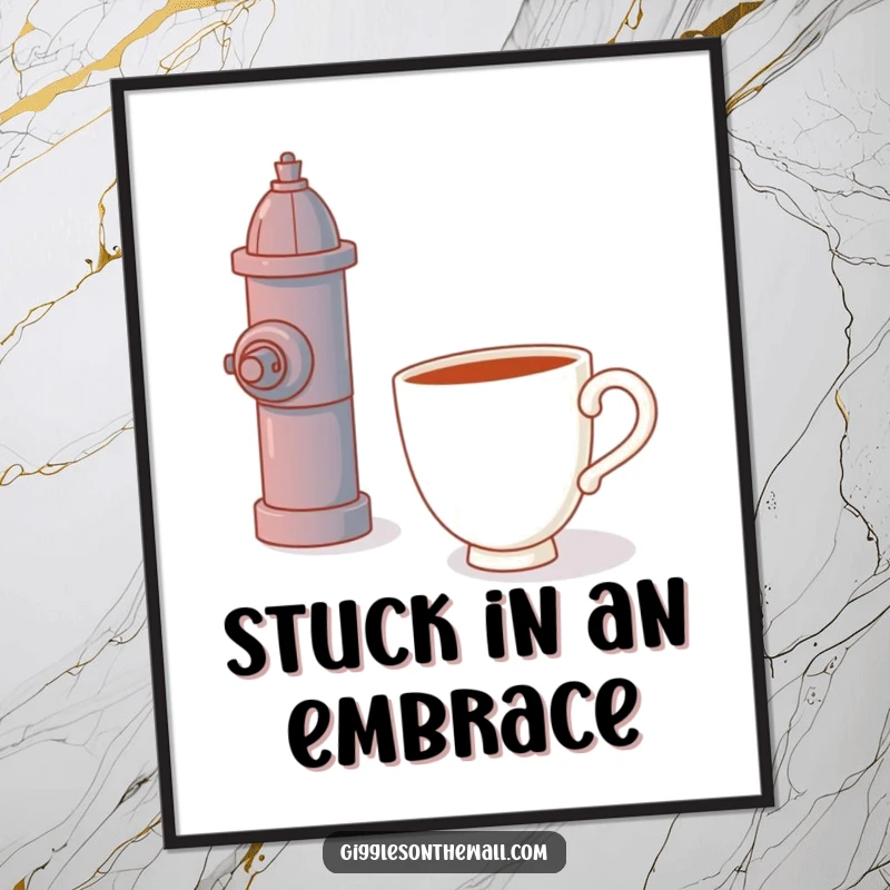 Funny poster, a teacup hugging a fire hydrant, whimsical wall art, humorous and heartwarming illustration.