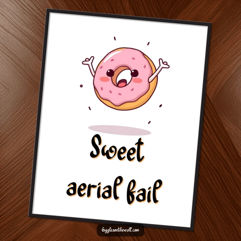 Funny poster featuring a donut hilariously attempting a clumsy cartwheel, adding a comical and relatable atmosphere.